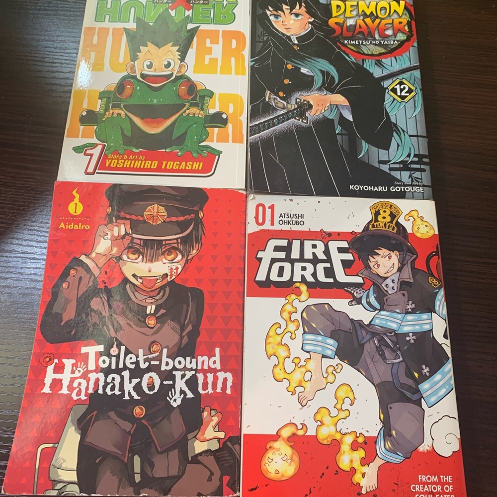 hunter x hunter, toilet bound hanako-kun, fire force, demon slayer. Group manga